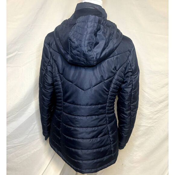 INTL Details Navy Blue Quilted Layered Puffer Coat Jacket Zip Up Hooded Comfy - Picture 6 of 8